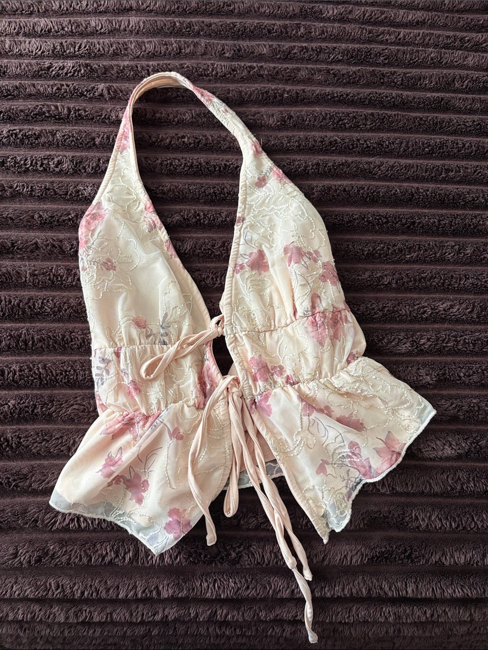 Cider Pink Floral Lace Halter Tie-Front Top